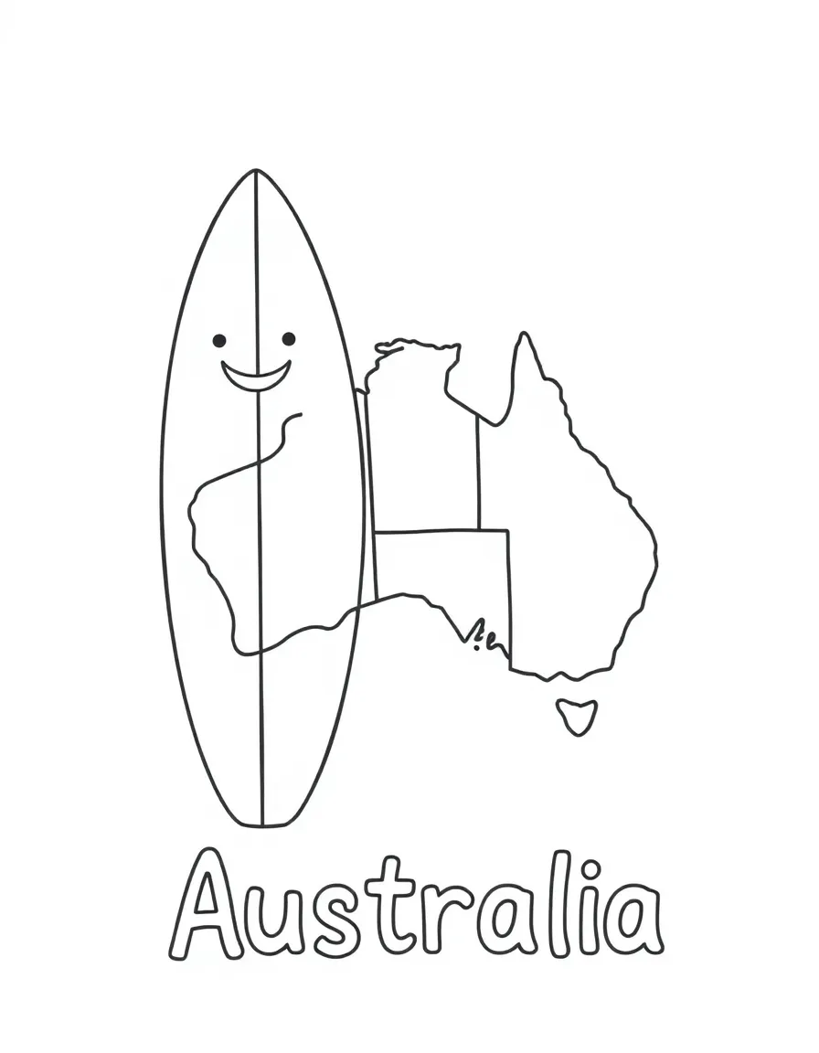 A happy surf board, a simple outline map of Australia, and the word "Australia"
