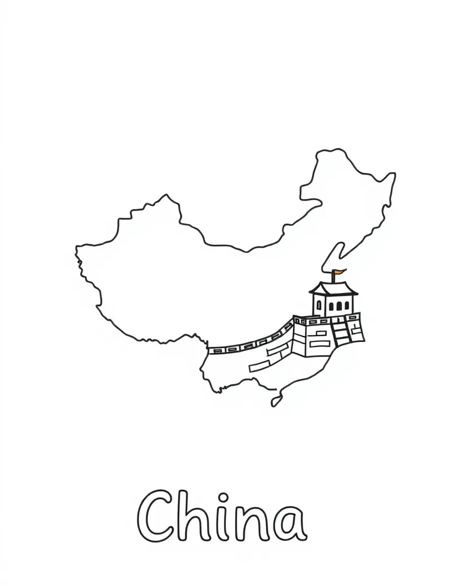 A small Great Wall, a simple outline map of China, and the word "China"