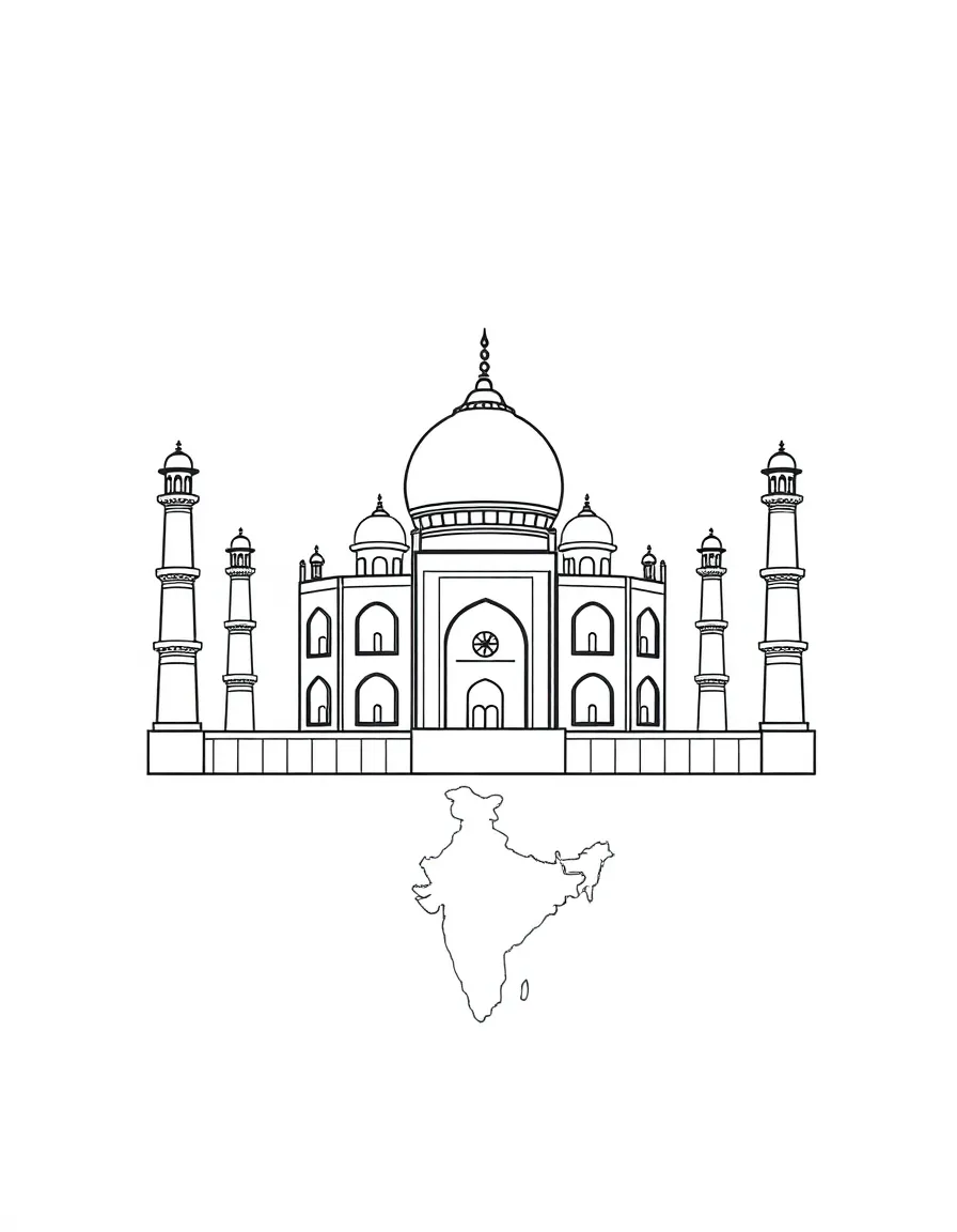 A friendly Taj Mahal, a simple outline map of India, and the word "India"