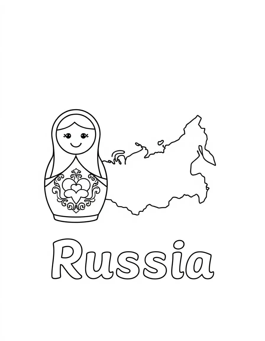A happy nesting doll, a simple outline map of Russia, and the word "Russia"