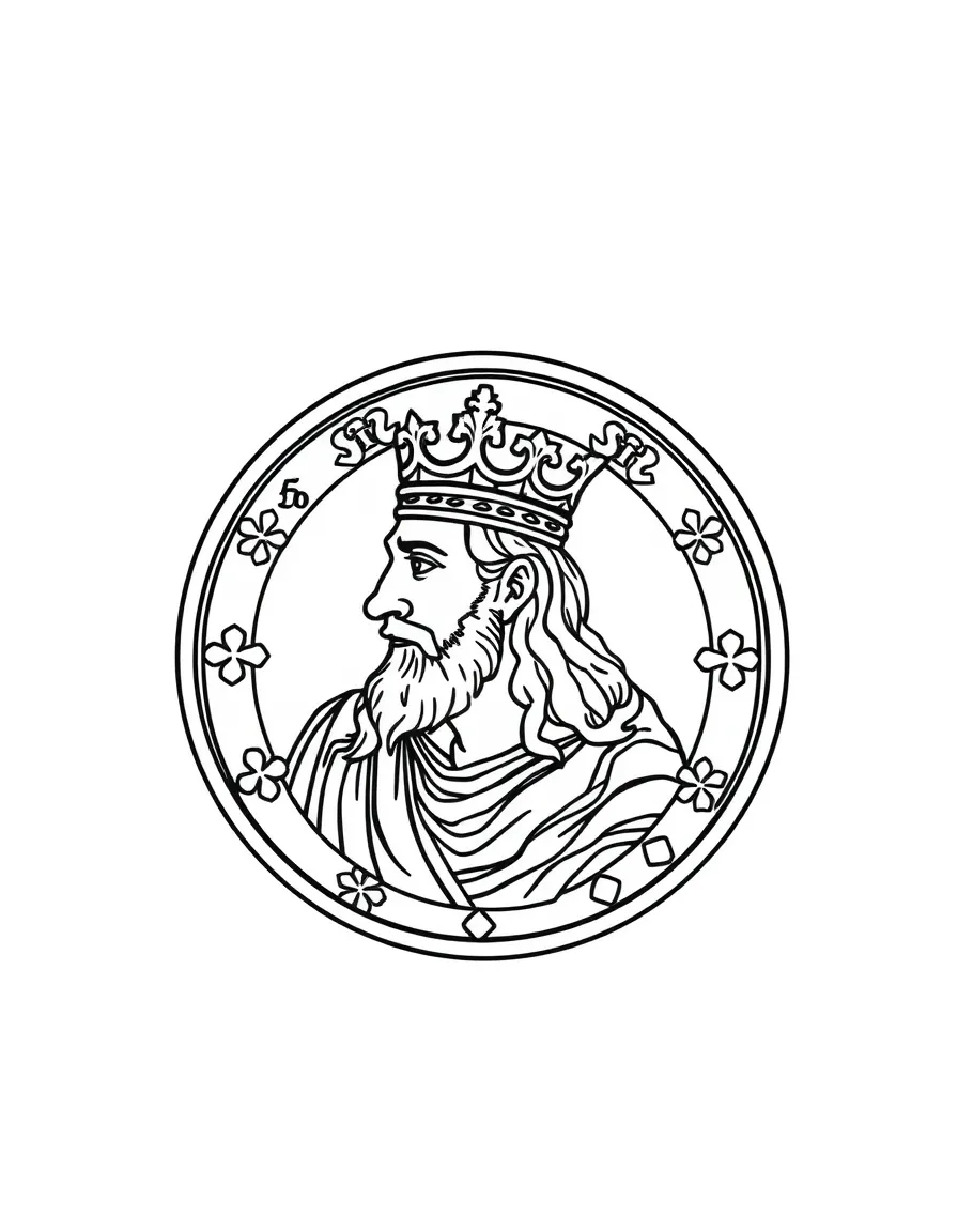A medieval coin with a king