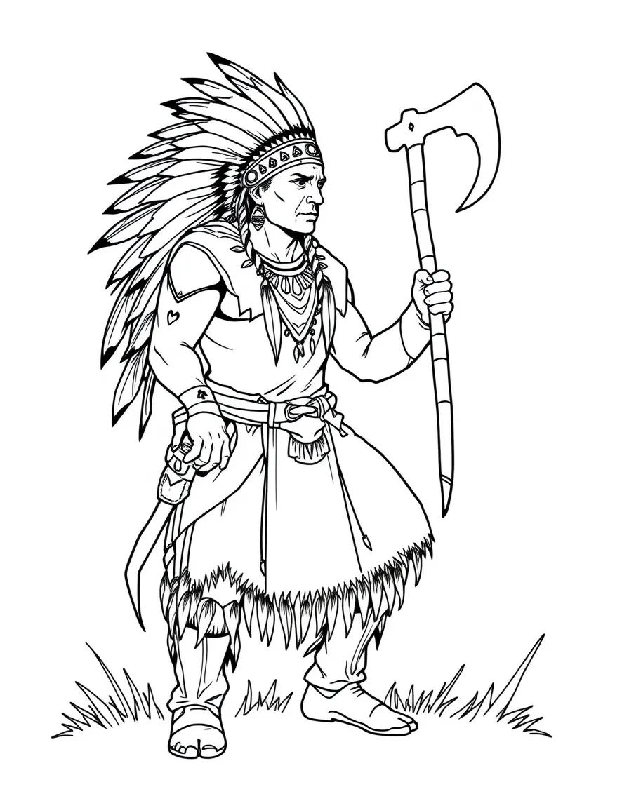 A Native American warrior with a tomahawk