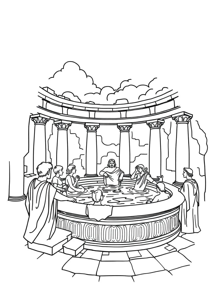 A Roman bath with people