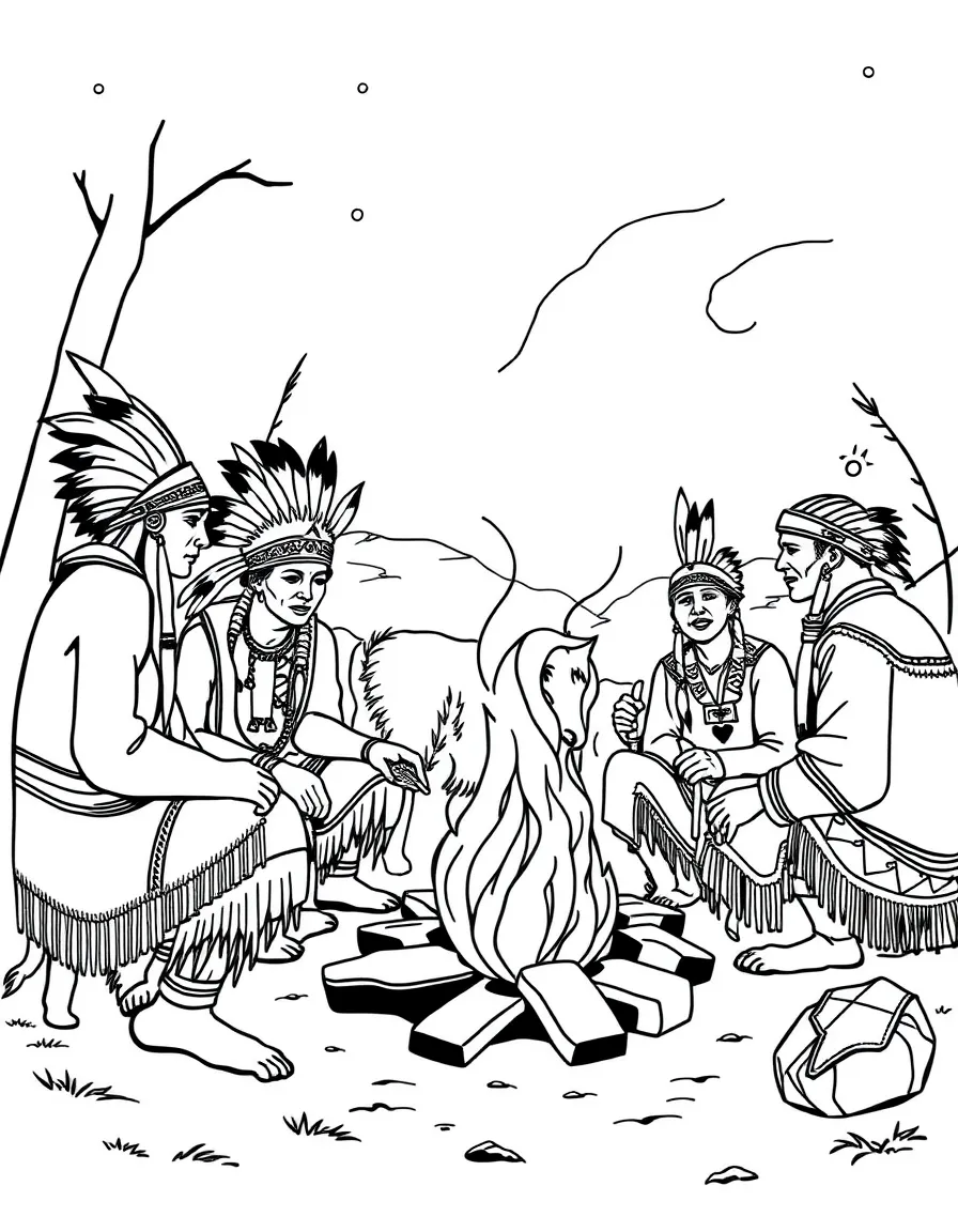 A Native American gathering around a fire