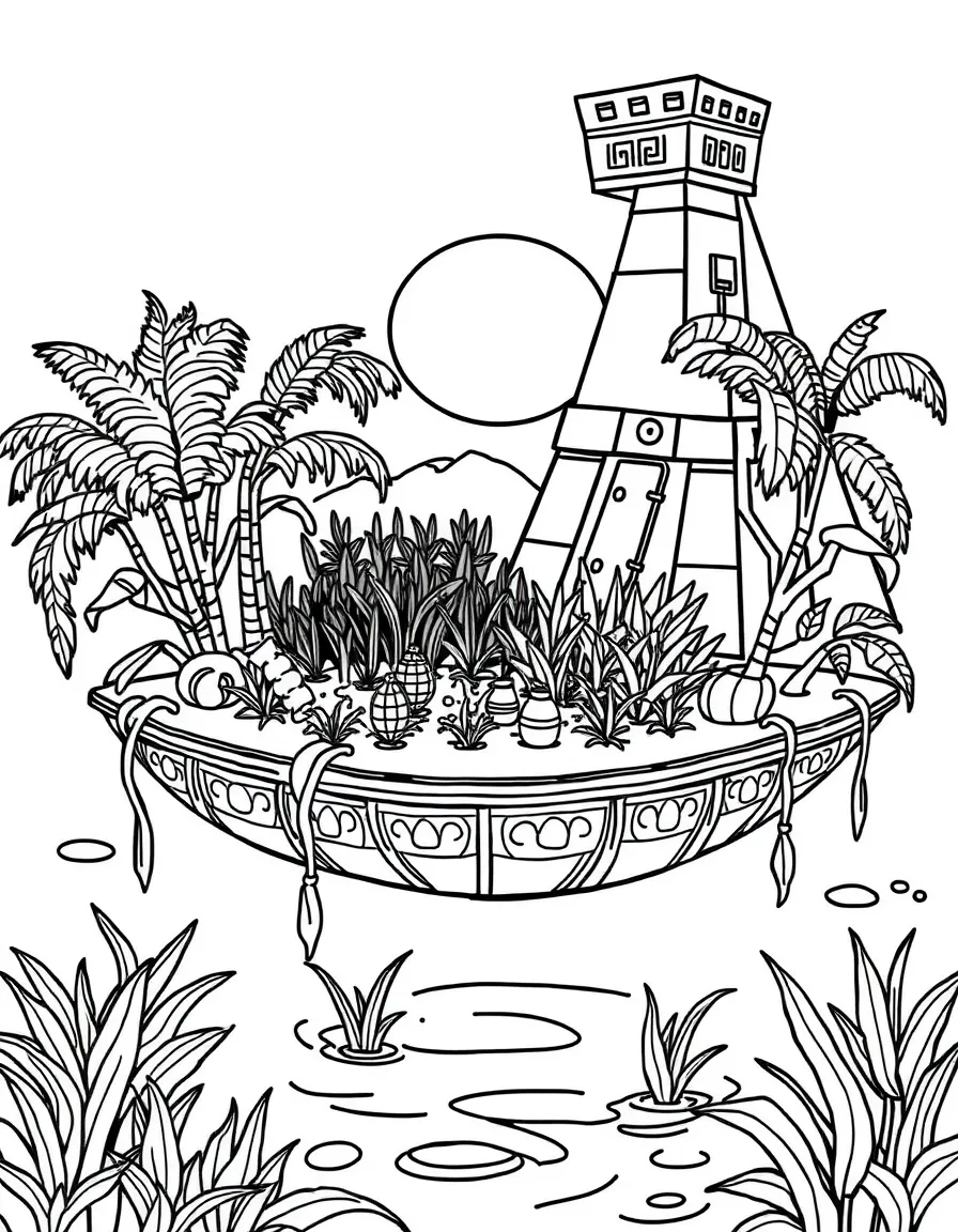 An Aztec floating garden with crops