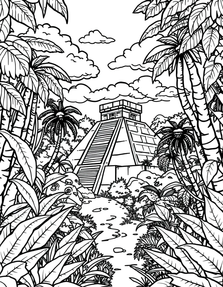 A Mayan jungle with pyramids peeking out