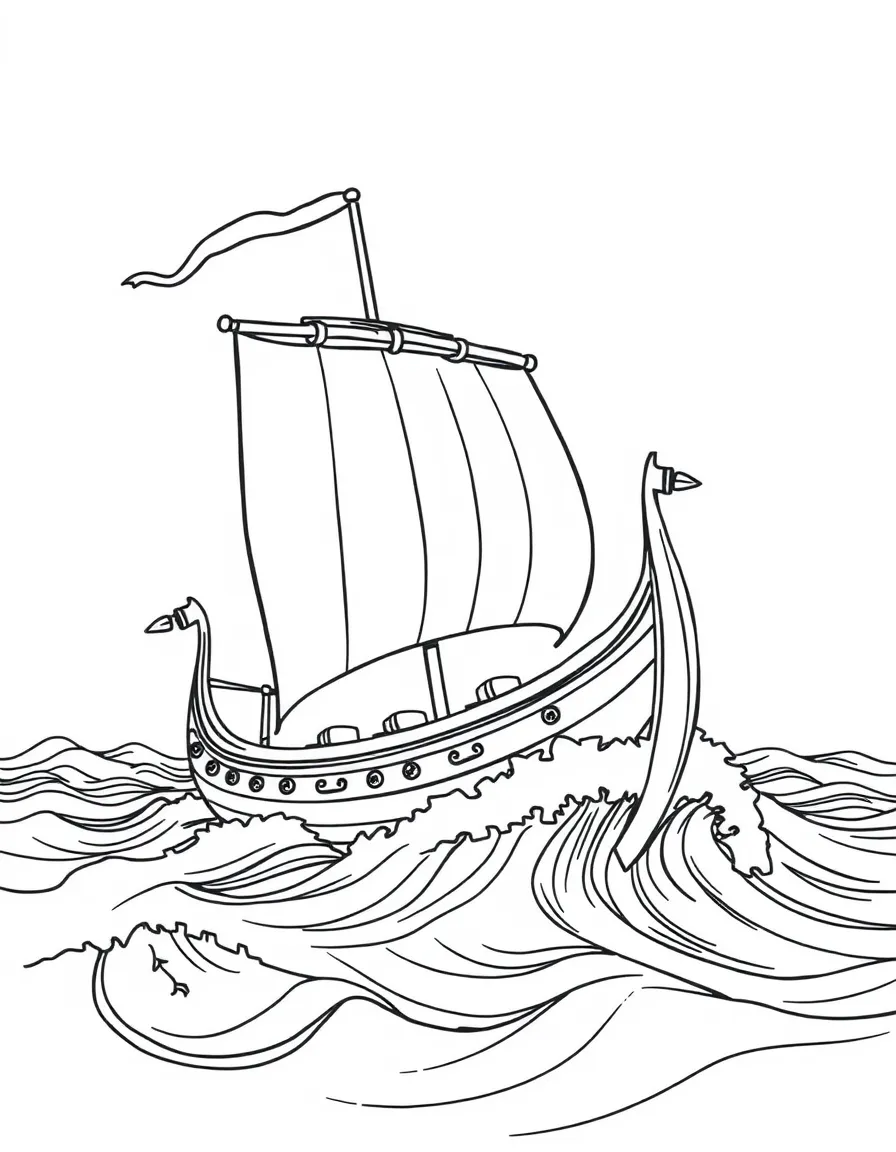 A Viking longship sailing on waves
