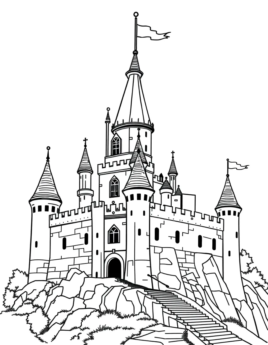 A medieval castle with flags