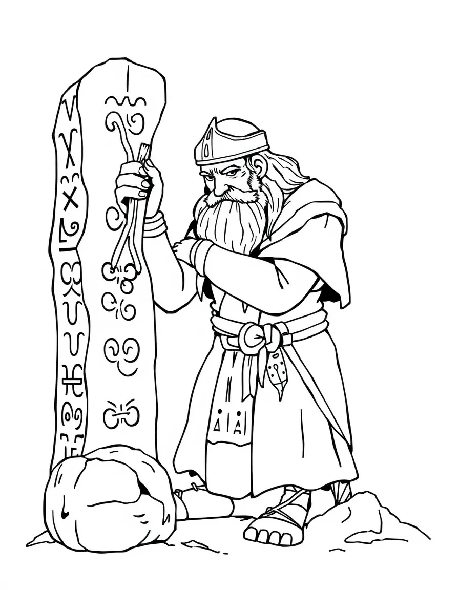 A Viking artisan carving runes