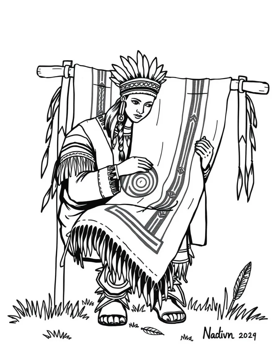 A Native American weaving a blanket