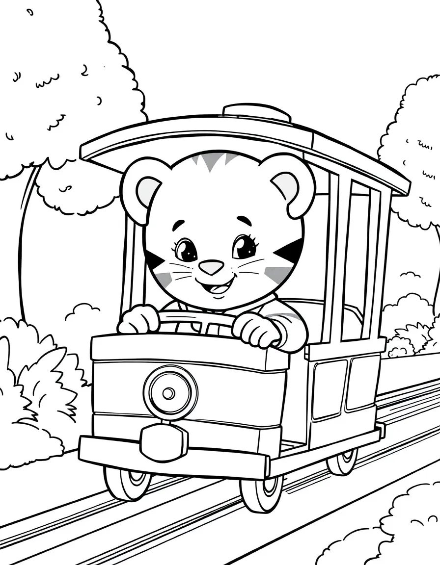 Daniel Tiger riding his trolley.