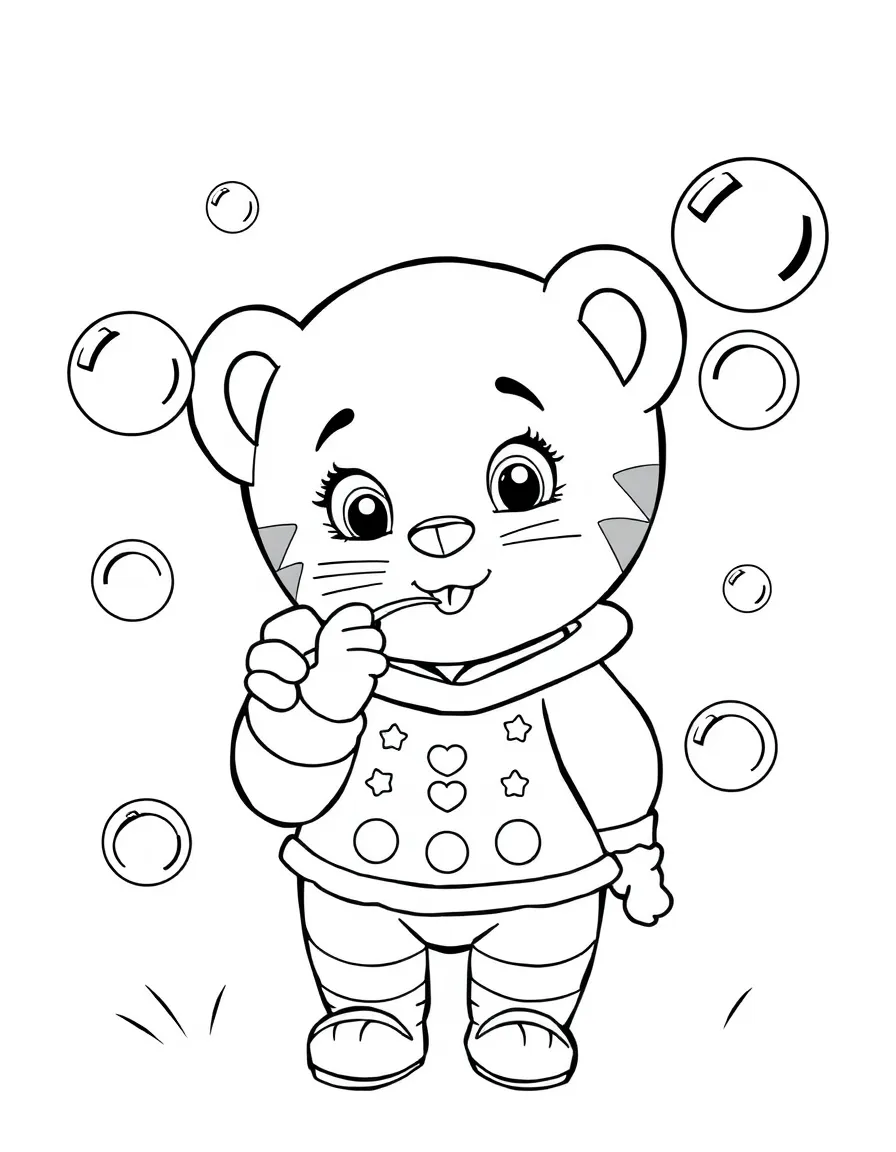 (Daniel Tiger TV show) Miss Elaina blowing bubbles.