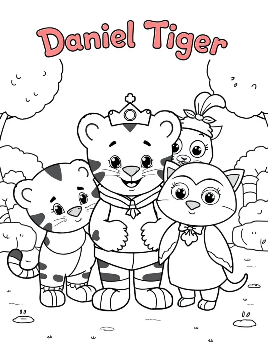 (Daniel Tiger TV show) All the friends, Daniel Tiger, Katerina Kittycat, Prince Wednesday, O the Owl, and Miss Elaina, at the playground.