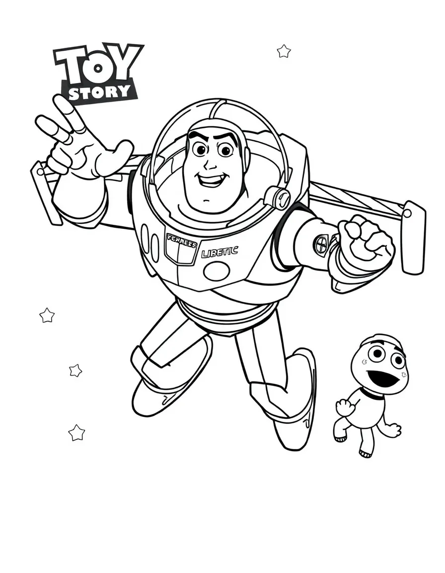 (Toy Story characters) Buzz Lightyear flying through the air.