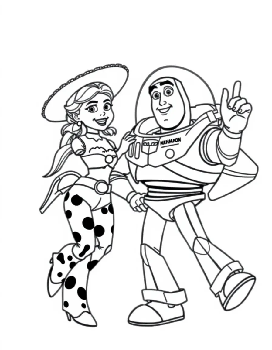 (Toy Story characters) Jessie and Buzz Lightyear dancing.
