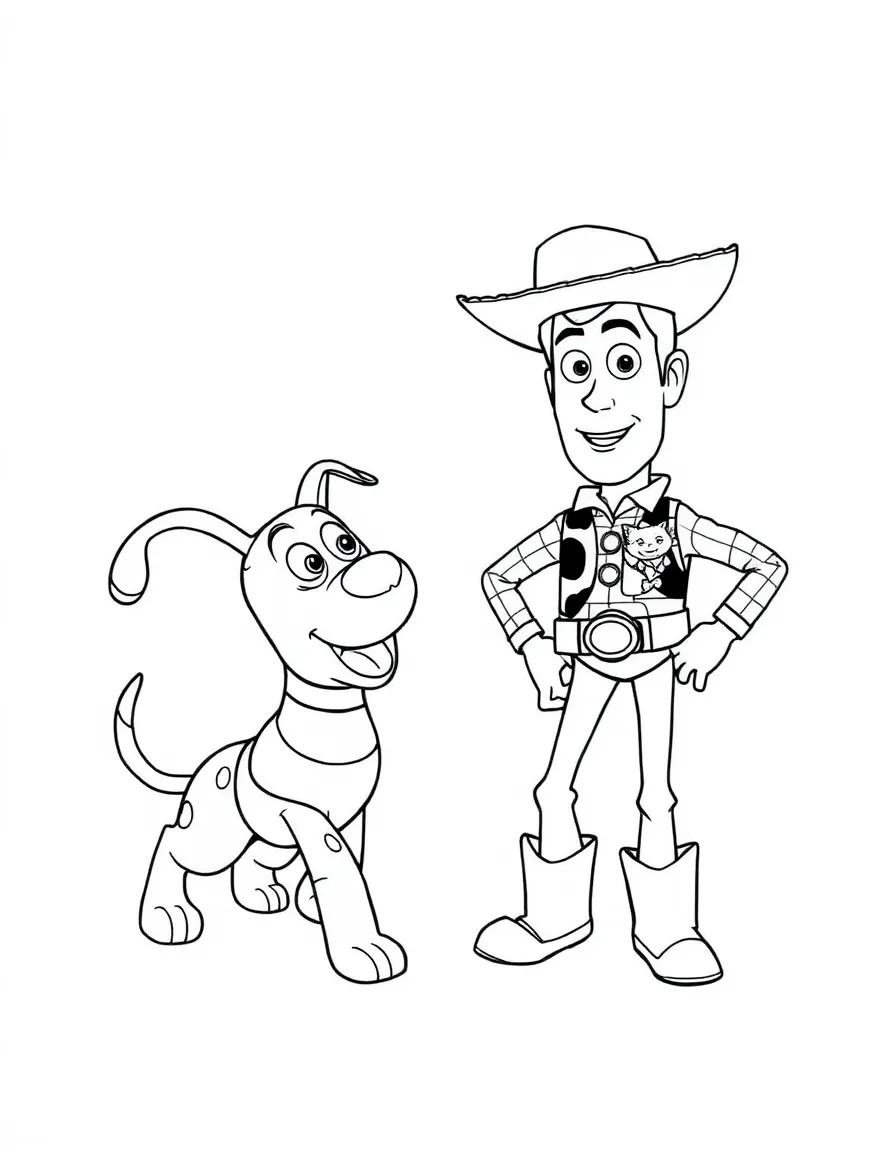 (Toy Story characters) Slinky Dog playing fetch with Woody.