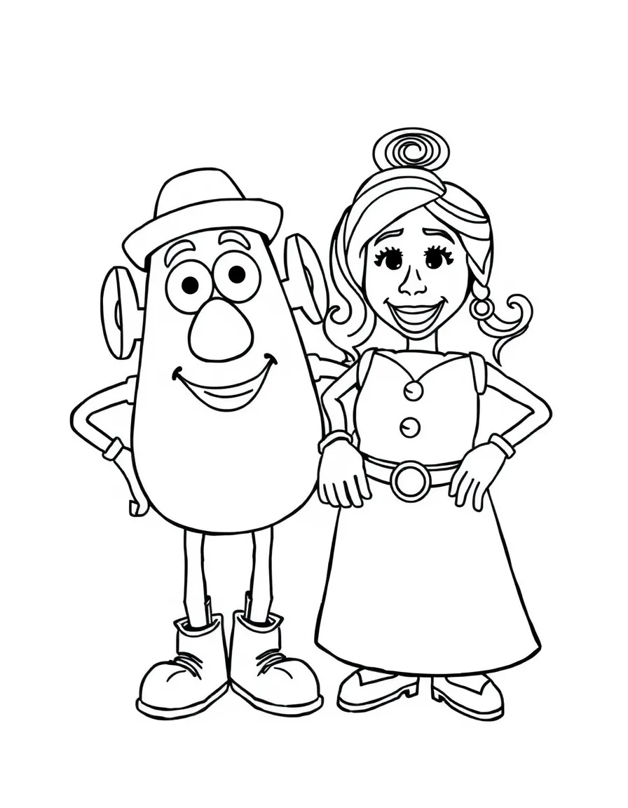 (Toy Story characters) Mr. Potato Head and Mrs. Potato Head holding hands.