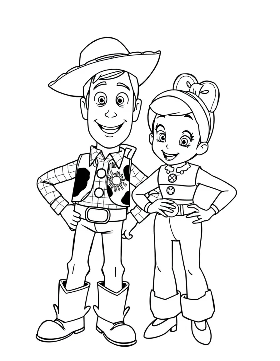 (Toy Story characters) Bo Peep and Woody sharing a smile.