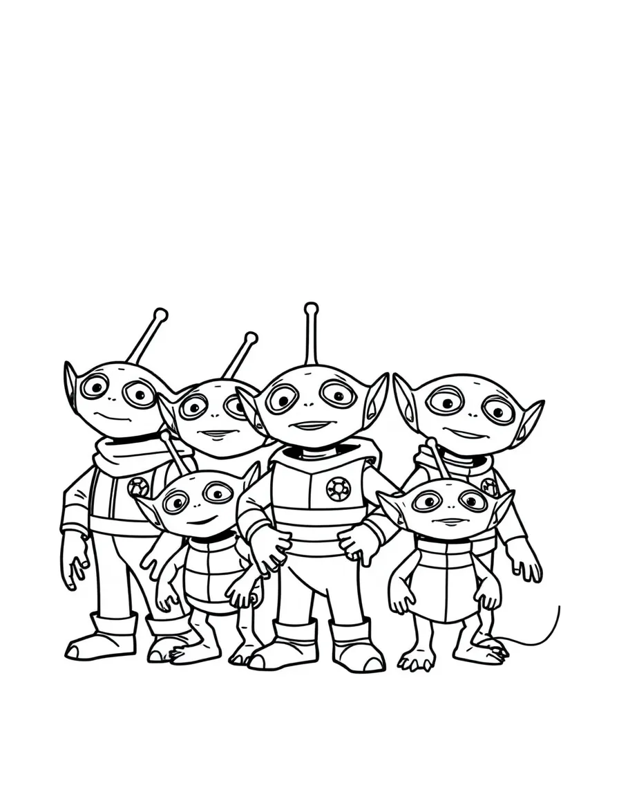 (Toy Story characters) The Aliens all together in a line.