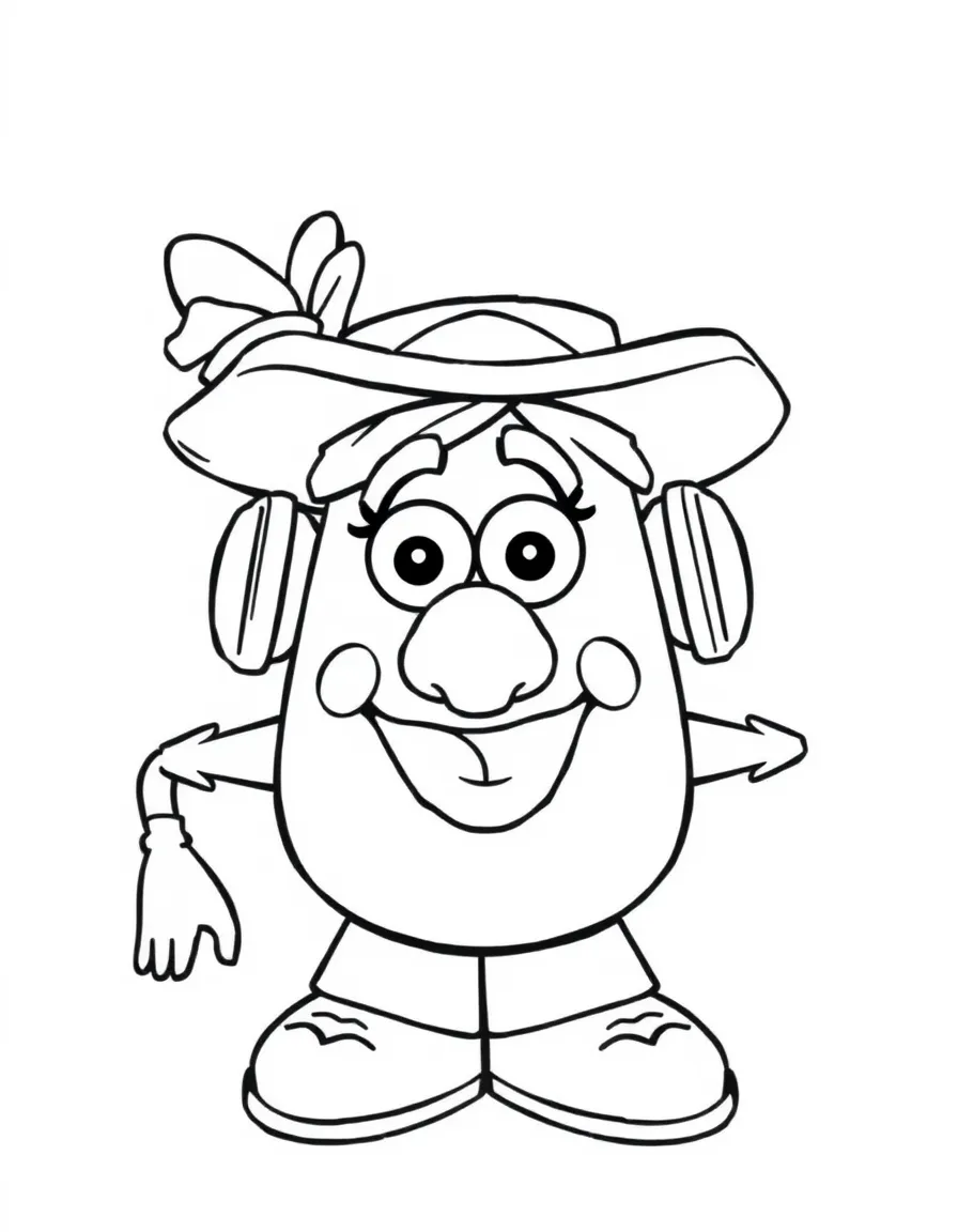 (Toy Story characters) Mrs. Potato Head wearing a fancy hat.