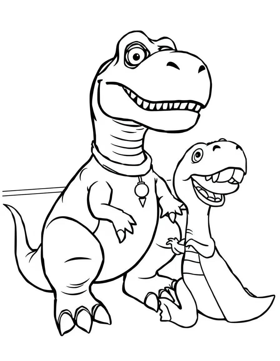 (Toy Story characters) Rex playing with a toy dinosaur.
