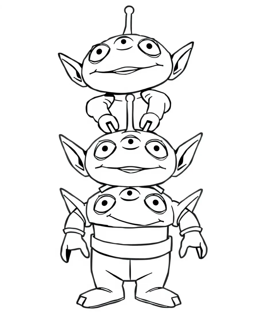 (Toy Story characters) Three Aliens stacked on top of each other.
