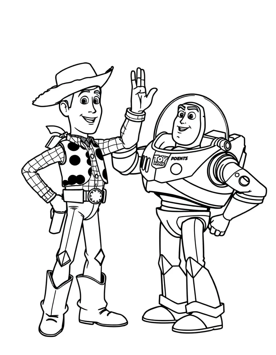 (Toy Story characters) Woody and Buzz Lightyear high-fiving.
