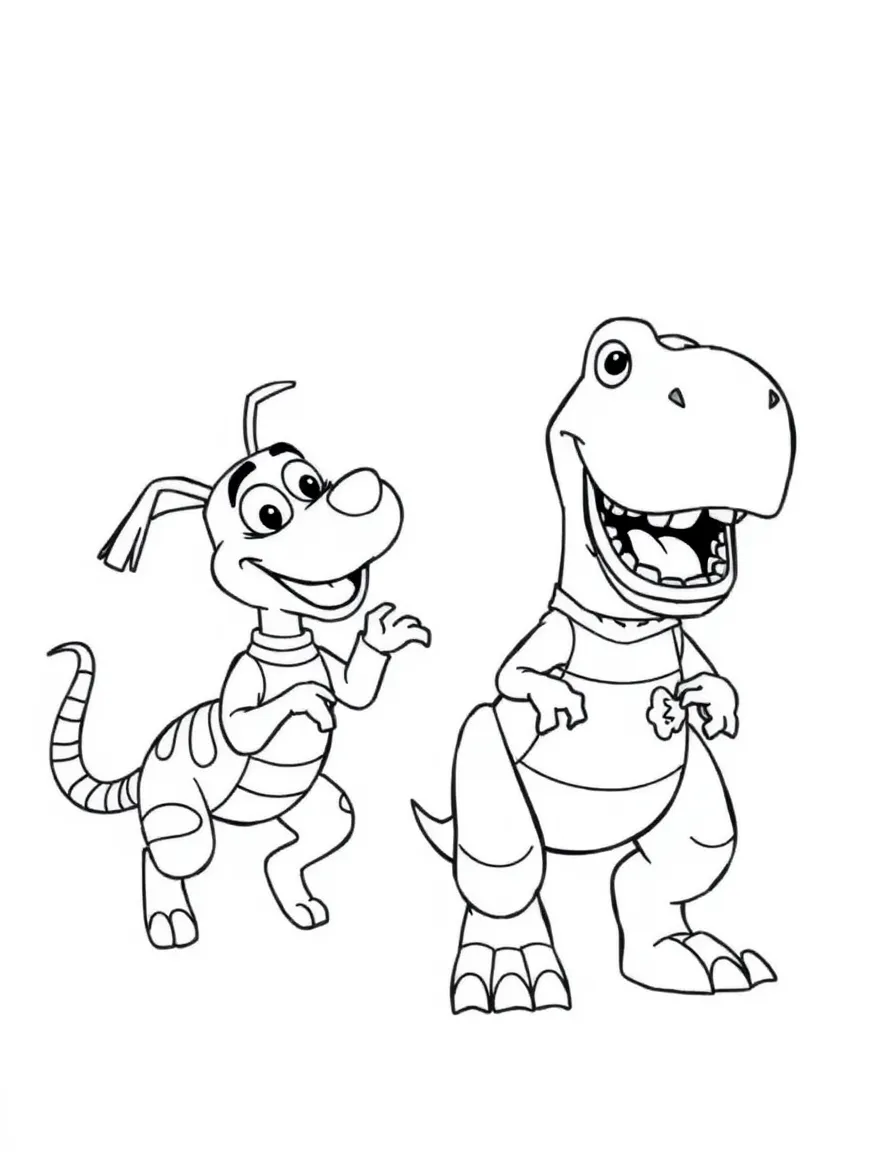 (Toy Story characters) Slinky Dog and Rex playing tag.