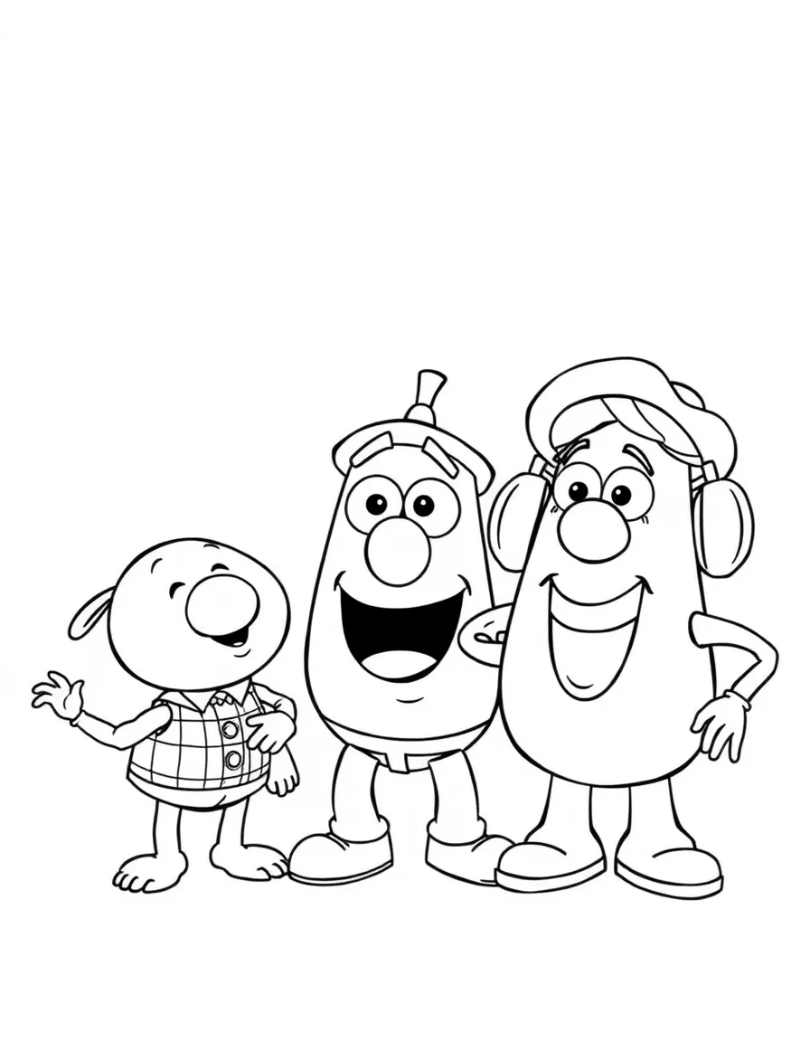 (Toy Story characters) Hamm, Mr. Potato Head, and Mrs. Potato Head laughing.