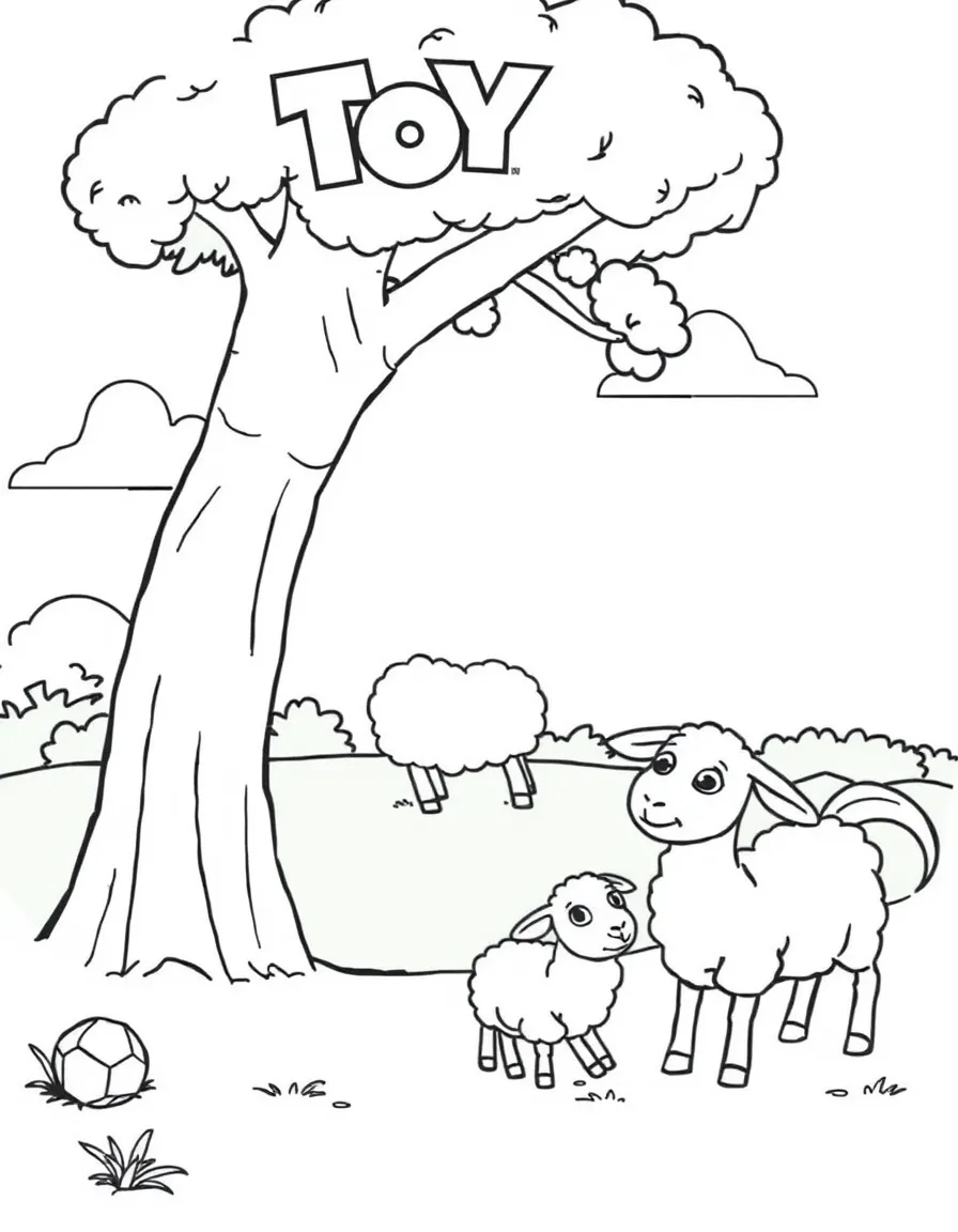 (Toy Story characters) Bo Peep and her sheep under a tree.