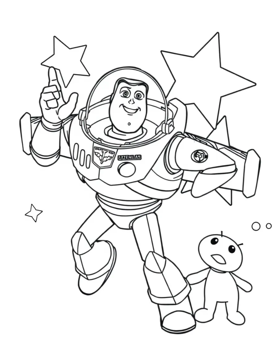(Toy Story characters) Buzz Lightyear flying past a star.