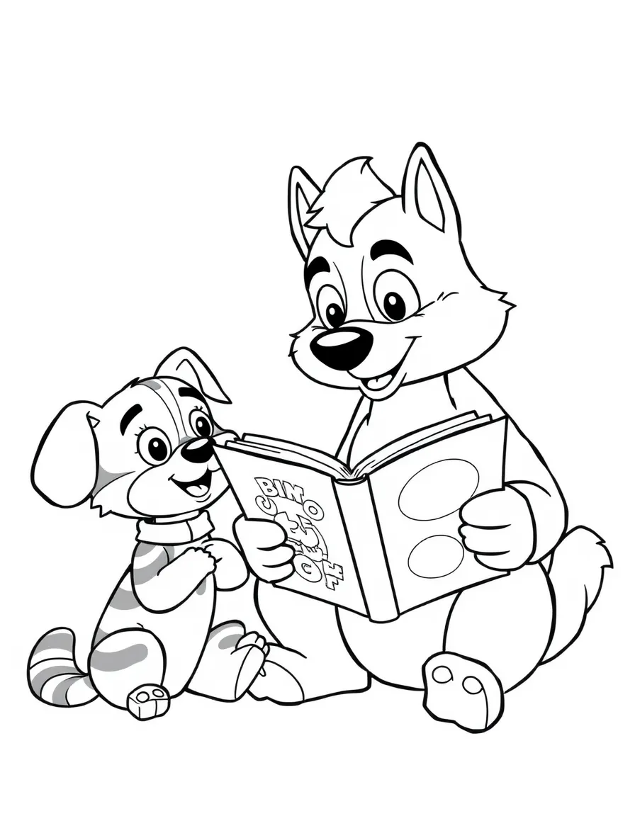 (Bluey TV show) Bandit reading a book to Bluey and Bingo.