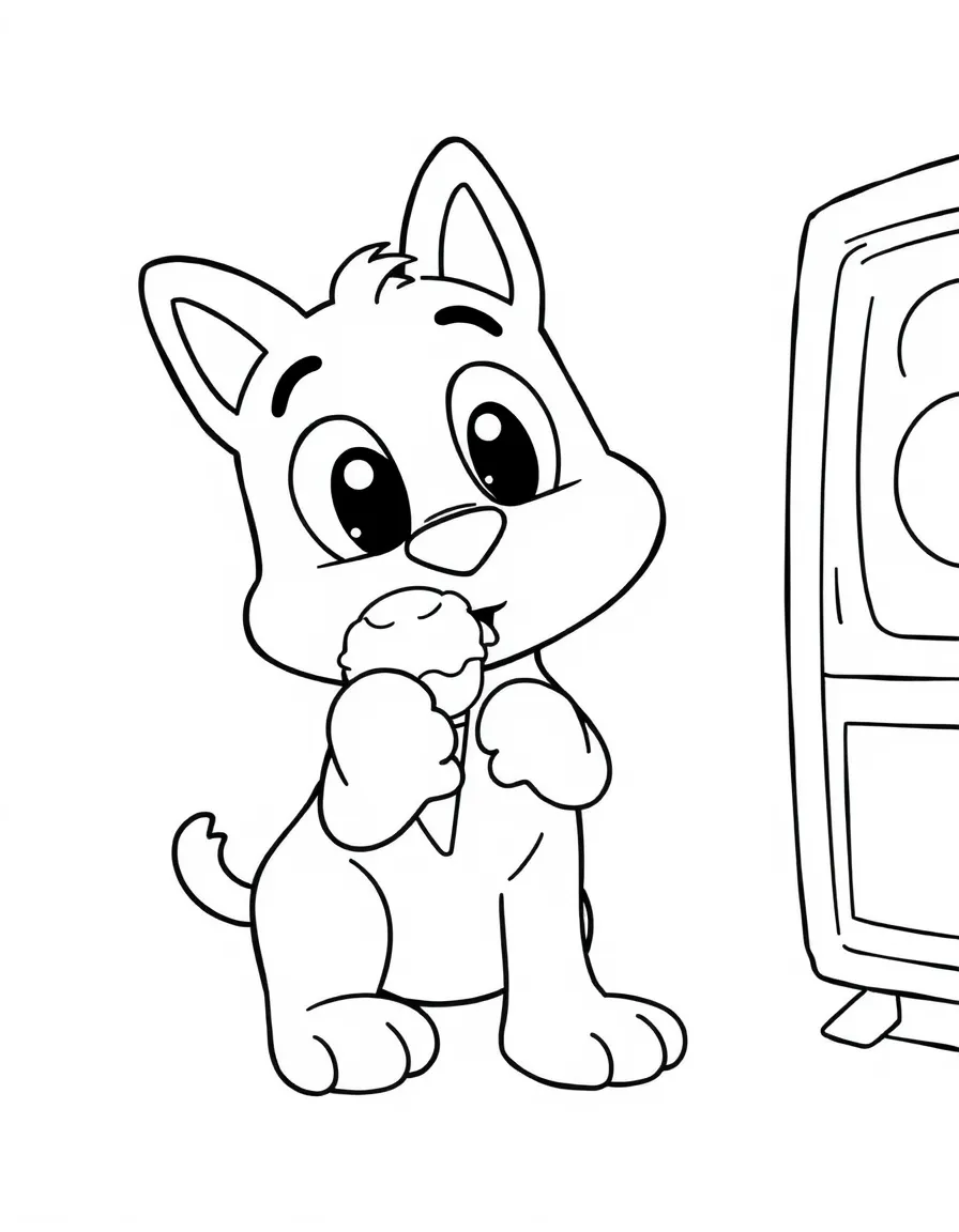 (Bluey TV show) Socks licking an ice cream.