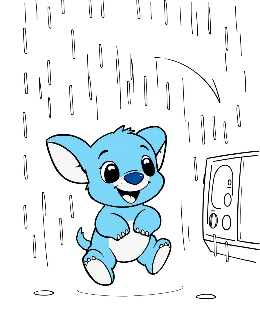 (Bluey TV show) Bluey playing in the rain.