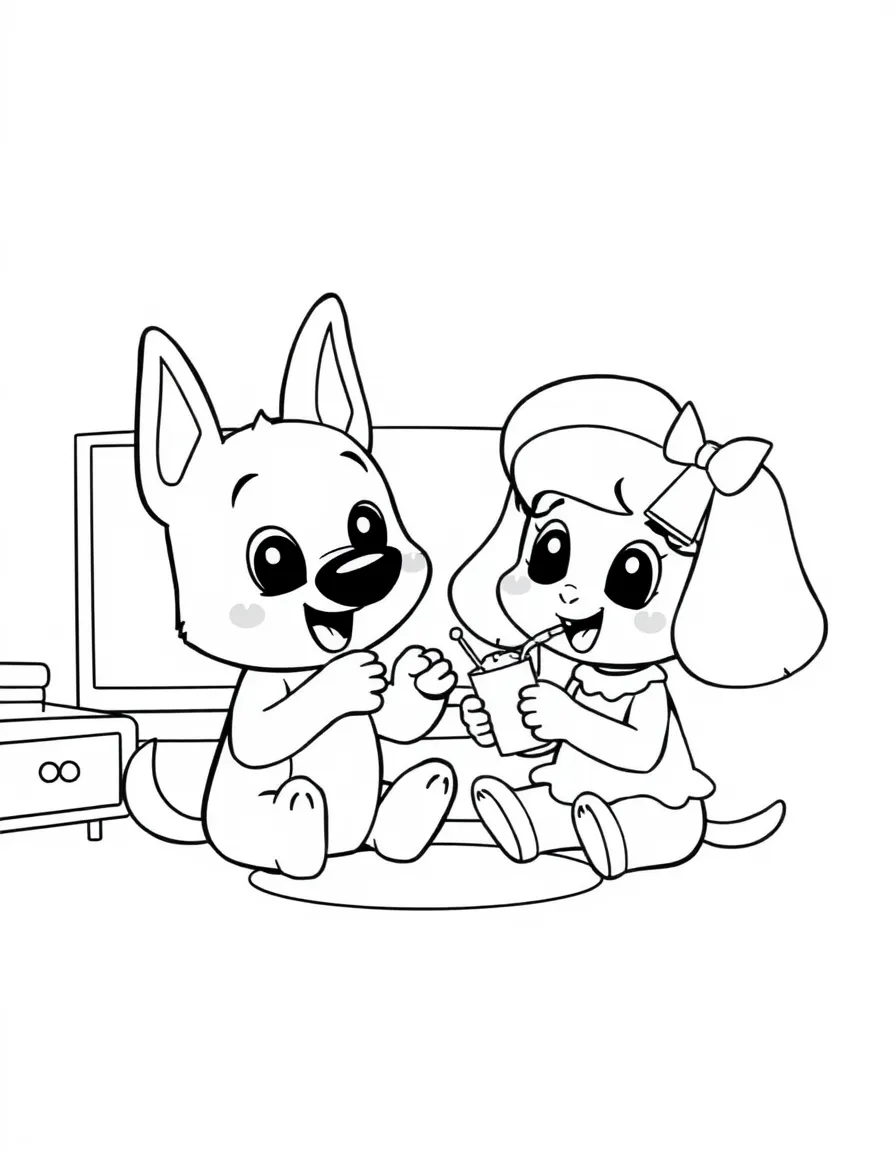 (Bluey TV show) Bluey and Chloe sharing a snack.