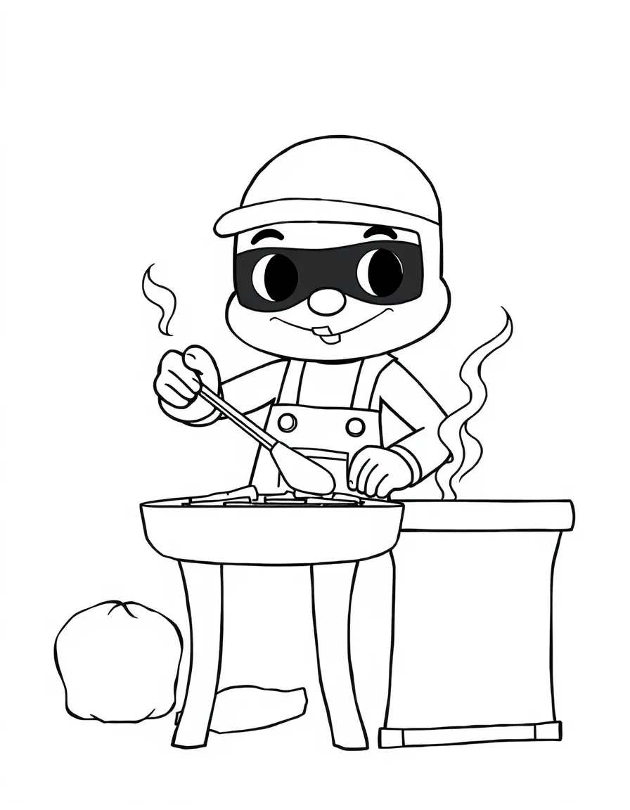 (Bluey TV show) Bandit cooking on a grill.
