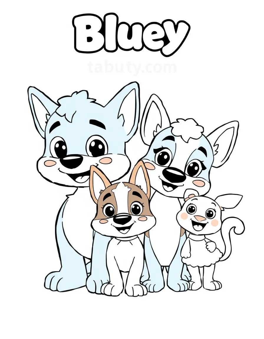 (Bluey TV show) Bluey, Bingo, Bandit, and Chilli together as a family.