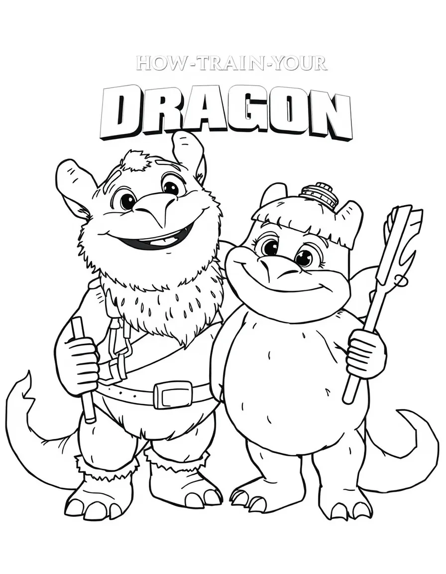 (characters in "How to Train Your Dragon") Ruffnut and Tuffnut with Barf and Belch.