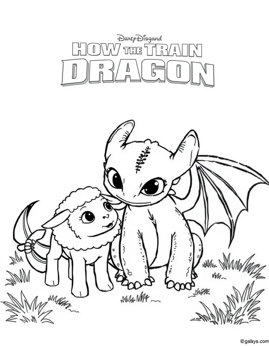 (characters in "How to Train Your Dragon") Toothless playing with a sheep.