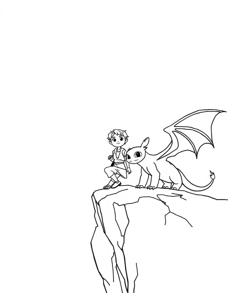 (characters in "How to Train Your Dragon") Hiccup and Toothless on a cliff.
