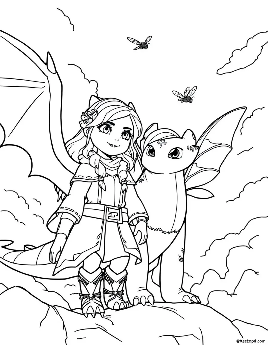 (characters in "How to Train Your Dragon") Astrid and Stormfly in the sky.