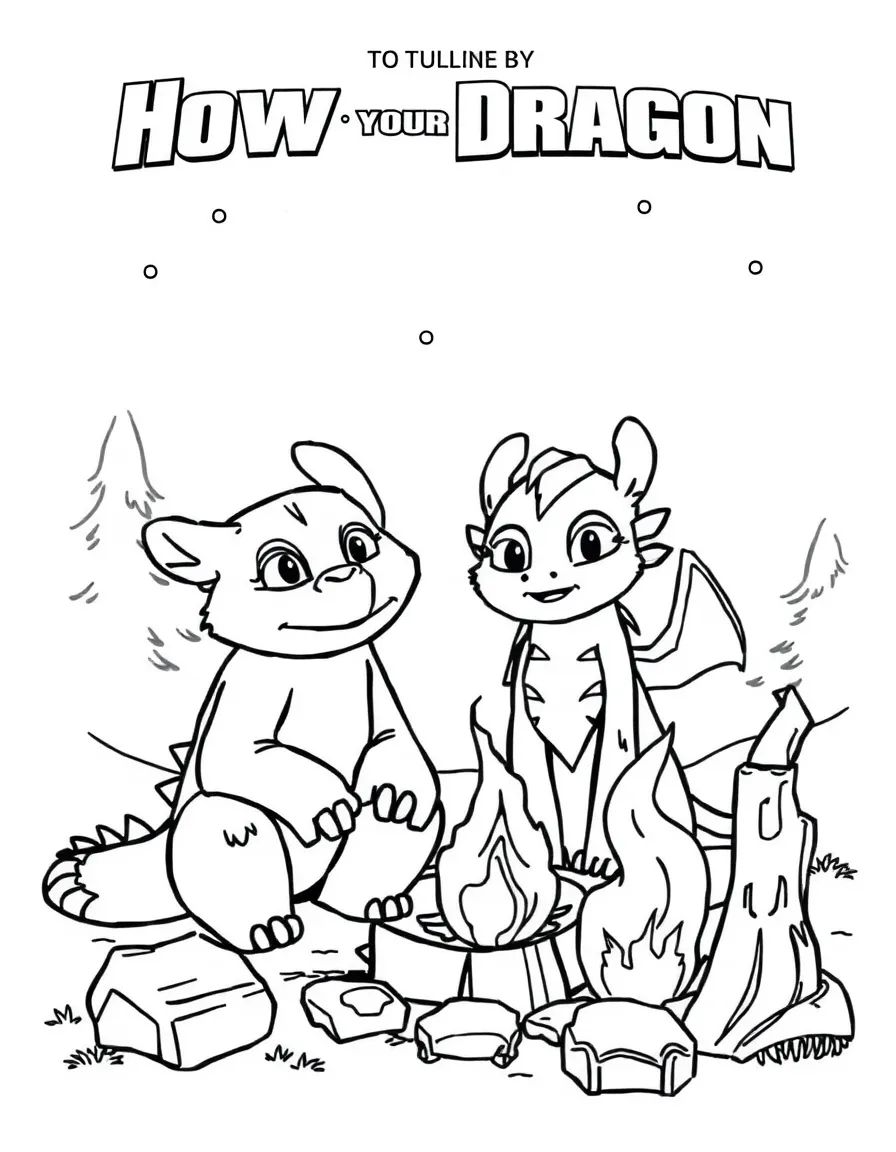 (characters in "How to Train Your Dragon") Snotlout and Hookfang by a campfire.