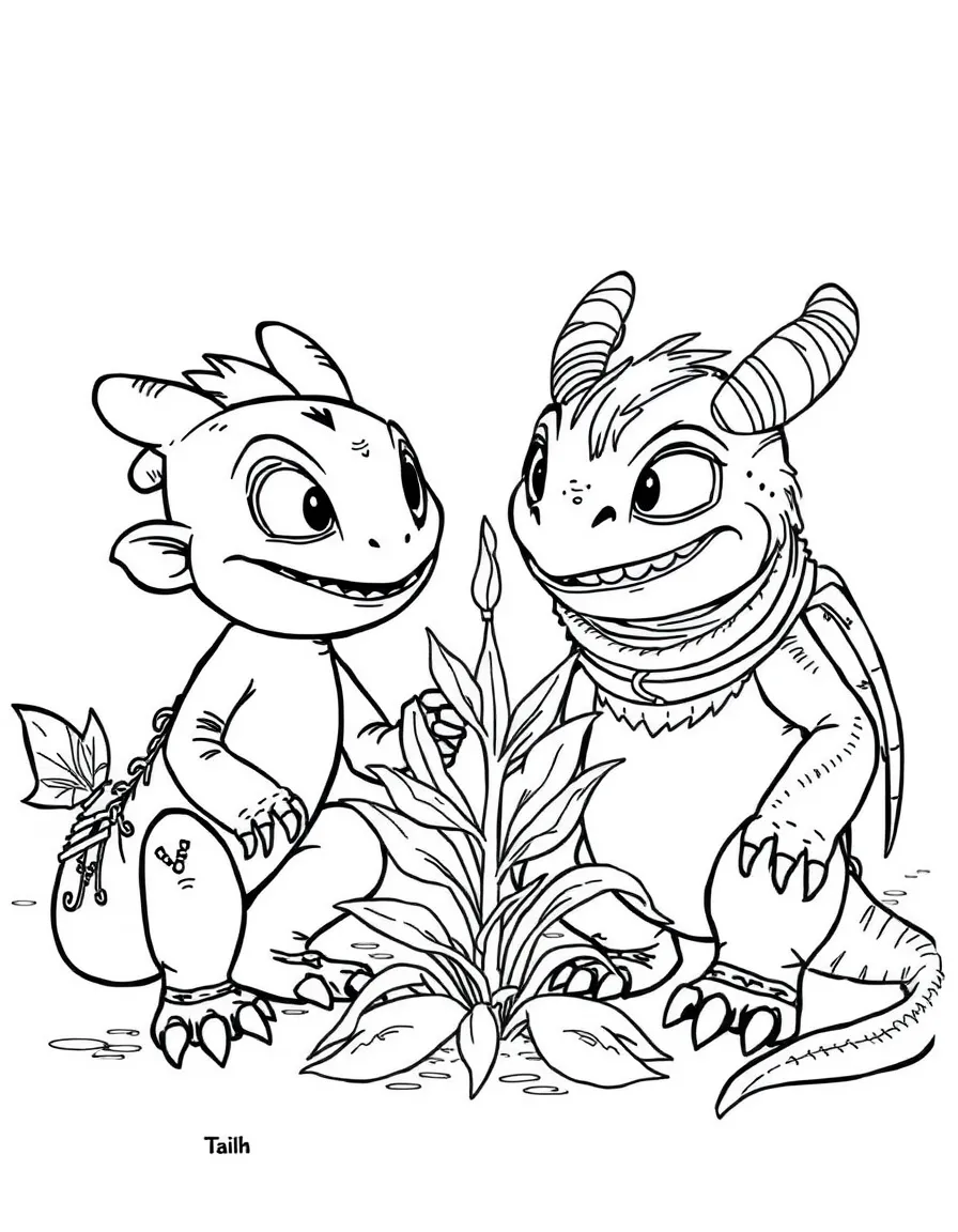 (characters in "How to Train Your Dragon") Fishlegs and Meatlug discovering a new plant.