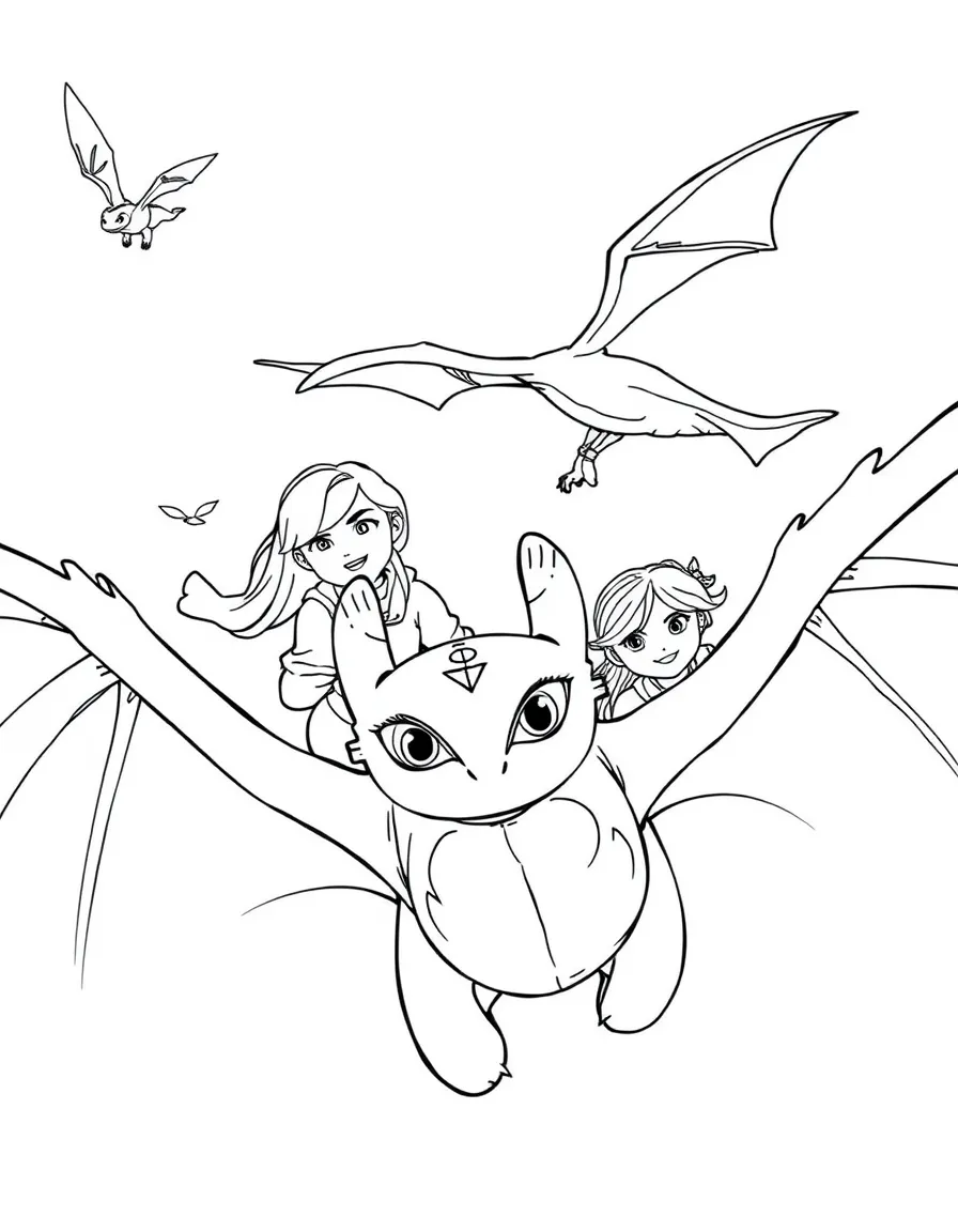(characters in "How to Train Your Dragon") The gang flying together.