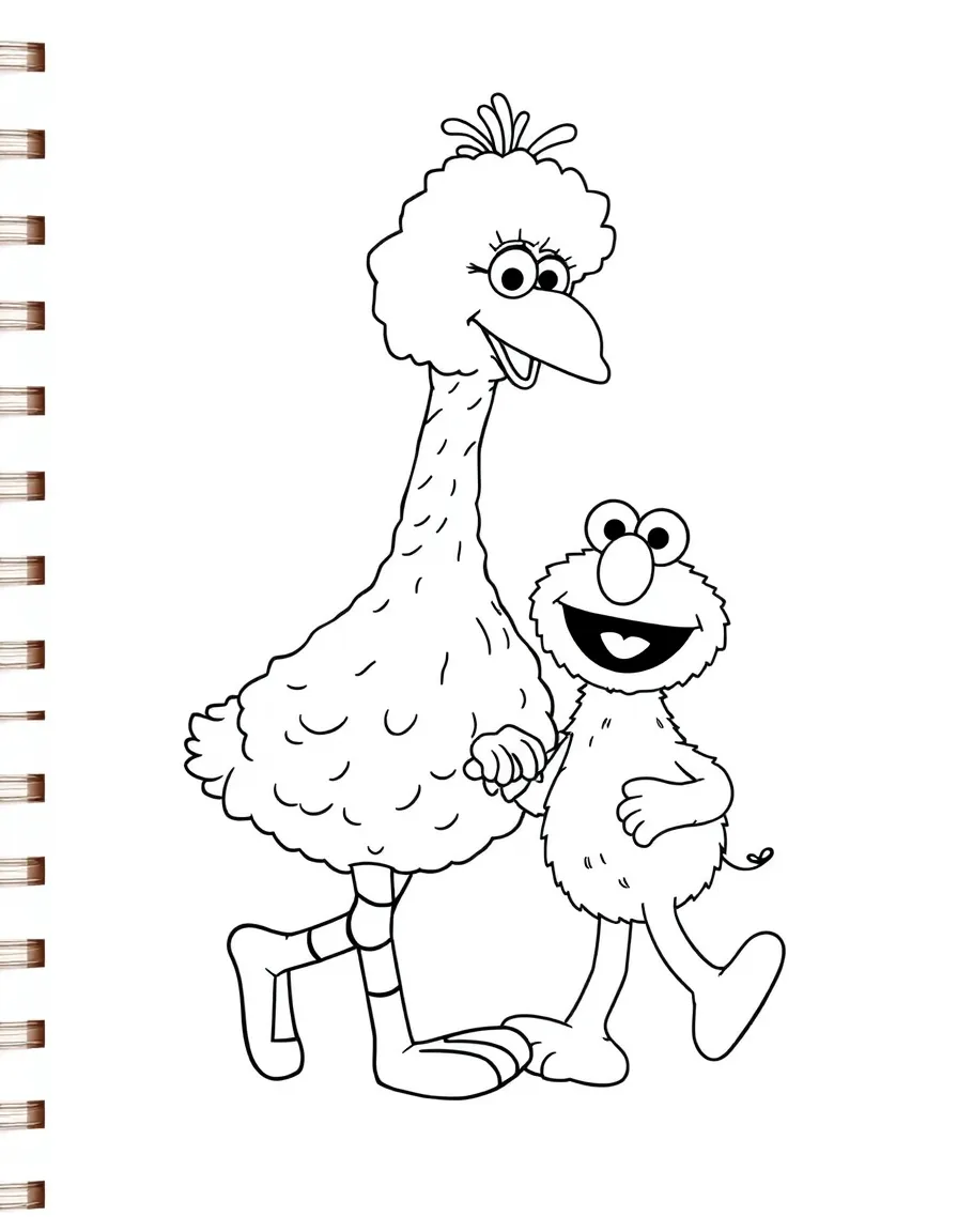 (Sesame Street) Big Bird and Snuffy walking together.