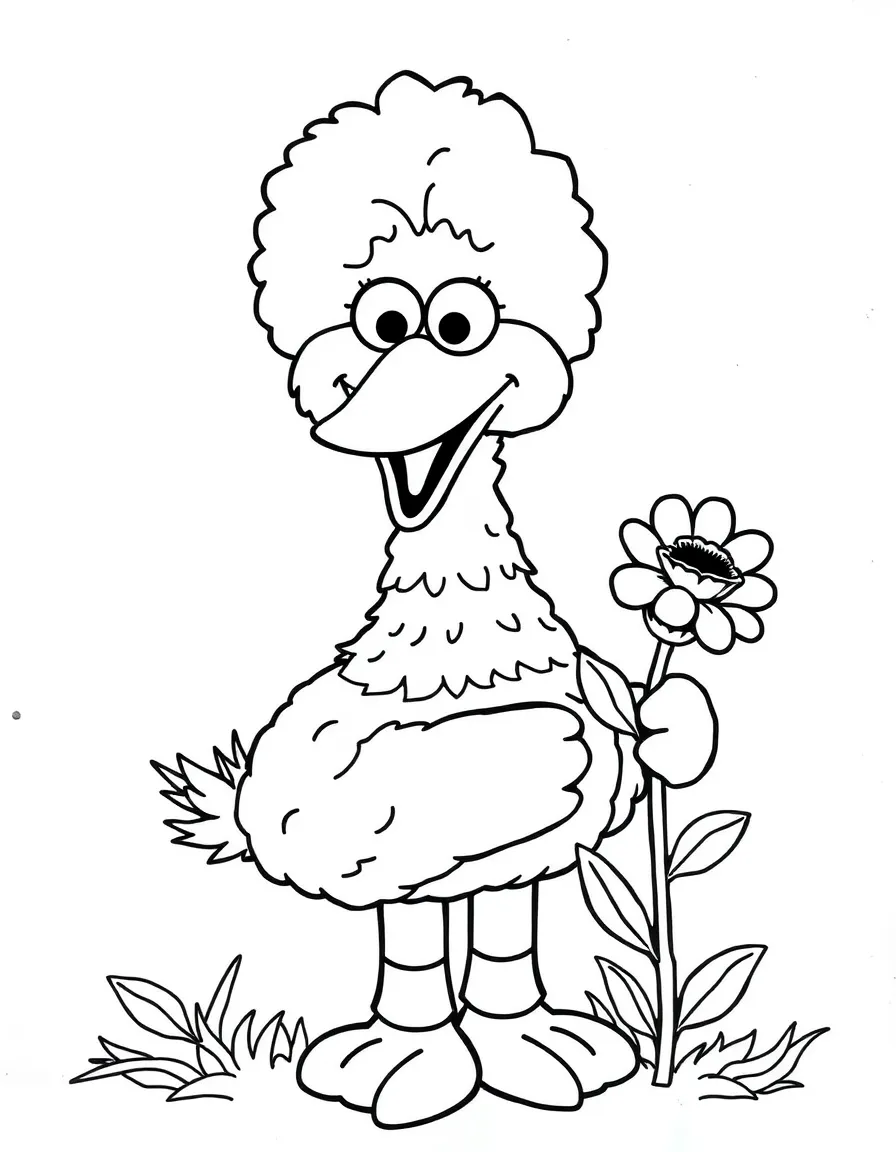 (Sesame Street) Big Bird holding a flower.