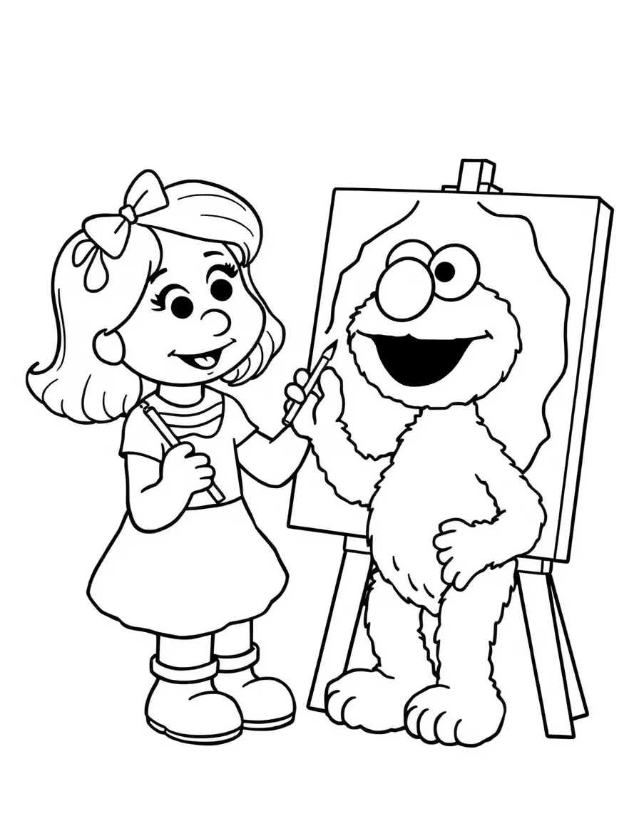 (Sesame Street) Julia painting a picture of Elmo.