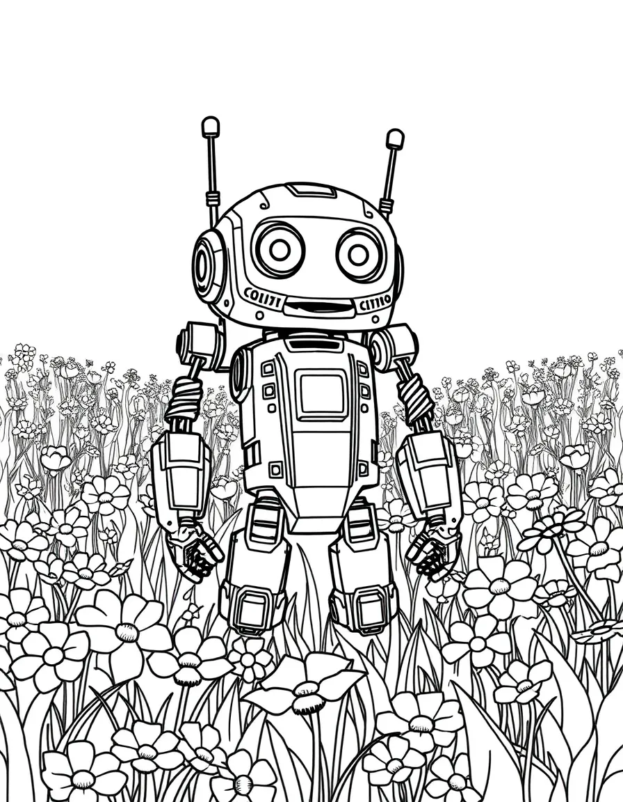 (The Wild Robot, movie) Roz standing in a field of flowers.