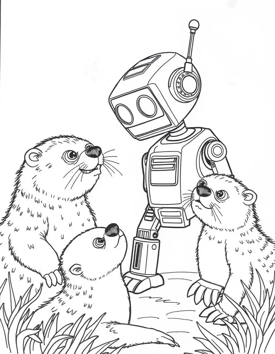 (The Wild Robot, movie) Roz interacting with the otters.