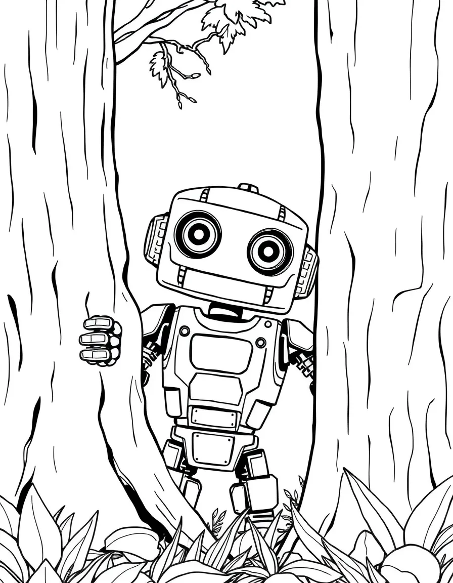 (The Wild Robot, movie) Sneak peeking around a tree.